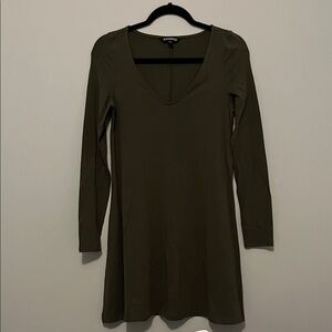 Express Olive Long Sleeve V-Neck Dress